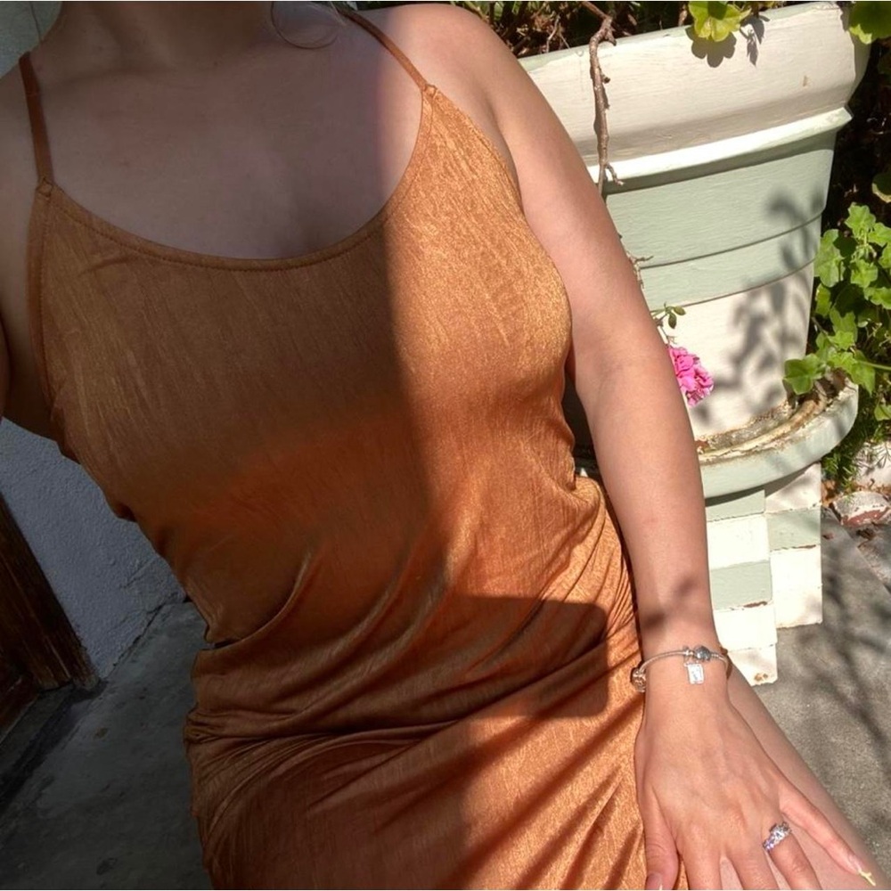 Free People intimately copper gold stretch maxi Dress slit side sleeveless L